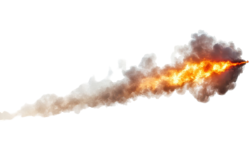 Fiery rocket exhaust plume with smoke isolated on transparent background. Trail of smoke with a fiery tip row isolated on white background.