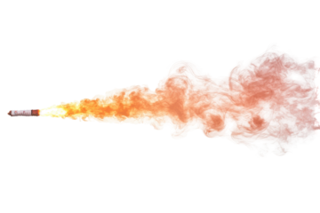 Fiery rocket exhaust plume with smoke isolated on transparent background. Trail of smoke with a fiery tip row isolated on white background.