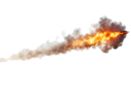 Fiery rocket exhaust plume with smoke isolated on transparent background. Trail of smoke with a fiery tip row isolated on white background. - Powered by Adobe
