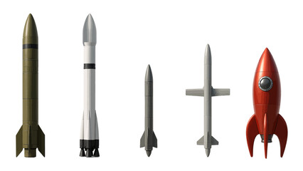 Obraz premium Collection of diverse rockets and missiles on white background