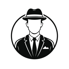 Faceless Man in Suit and Fedora Hat, Silhouette Style Icon, Round Black and White Design