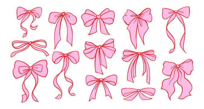 Coquette pink bow ribbon vector - cute vintage gift box with lace details. Romantic Y2K doodle