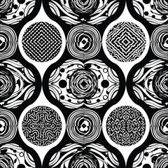 PrintAbstract circular pattern, black and white design, symmetrical shapes, geometric art, detailed illustration, artistic background, decorative element, creative texture.