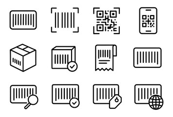 Barcode and qr code icons with digital scanning and packaging symbols in linear style