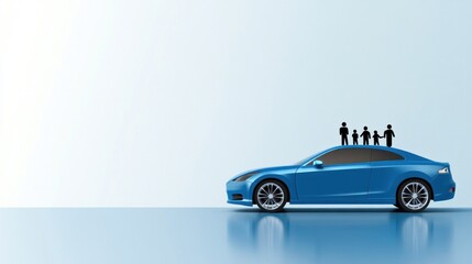 Family silhouette on modern blue car