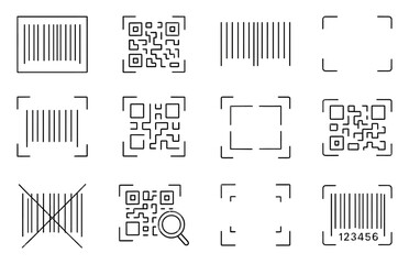 Barcode and qr code symbols in linear style for scanning and identification
