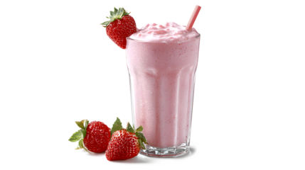 Glass of fresh strawberry milkshake isolated on a white background