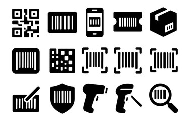 Barcode icons: monochrome set of various barcode formats and scanners
