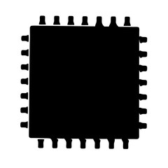 Black silhouette of a microcontroller or processor chip, surrounded by pins