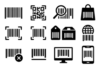 Barcode icon collection featuring qr codes and shopping elements in black and white