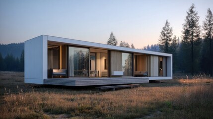 Modern, minimalist home on a grassy field at dusk