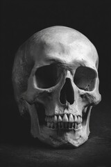 Obraz premium Monochrome image of a human skull against a black background focusing on its anatomical details and textures