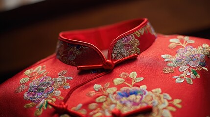 Silk qipao collar with gold peony and star embroidery, rim-lit crimson backdrop highlights fine texture and dignified Chinese National Day atmosphere