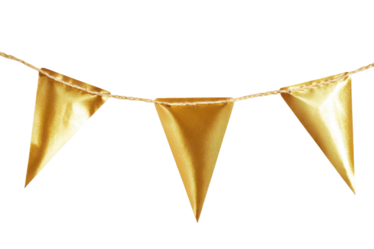 Golden bunting flags festive decoration isolated on transparent background. Gold bunting banner isolated on white background.