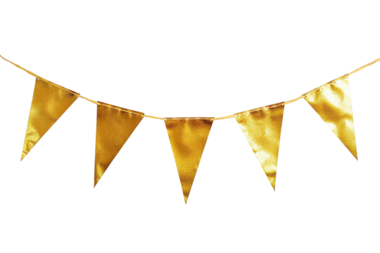 Golden bunting flags festive decoration isolated on transparent background. Gold bunting banner isolated on white background.