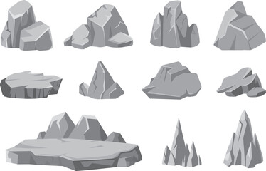 Collection of Cartoon Rock Formations for Game Assets and Landscape Design Elements Isolated on White Background