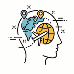 Naklejka premium A creative graphic illustration portraying a human mind engaged in global travel planning, featuring a world map, location pins, and an airplane.