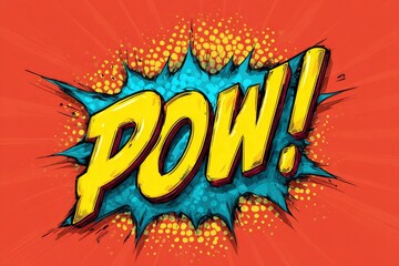 Naklejka premium POW graphic bursts with yellow letters blue explosion on red background with yellow dots and burst lines