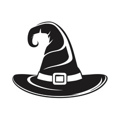 Fototapeta premium Iconic Black Witch Hat with Curved Point and Buckle Detail Isolated on White