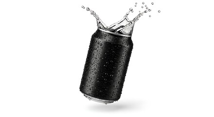 Black aluminum can with water droplets and splash on white background