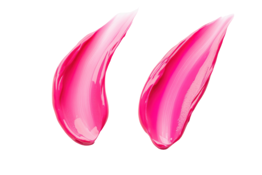 Two pink lipstick swatches isolated on transparent background. Two vibrant and glossy pink lipstick smears isolated on white background.