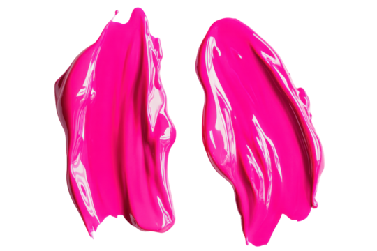 Two pink lipstick swatches isolated on transparent background. Two vibrant and glossy pink lipstick smears isolated on white background.