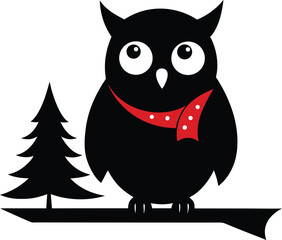 Cute black owl silhouette wearing a red scarf on a branch with a christmas tree isolated on white background silhouette