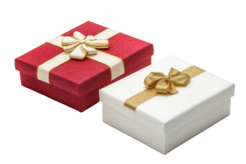 Two gift boxes one red and one white with gold ribbon isolated on transparent background. Two white and red gift box with gold ribbon isolated on white background.