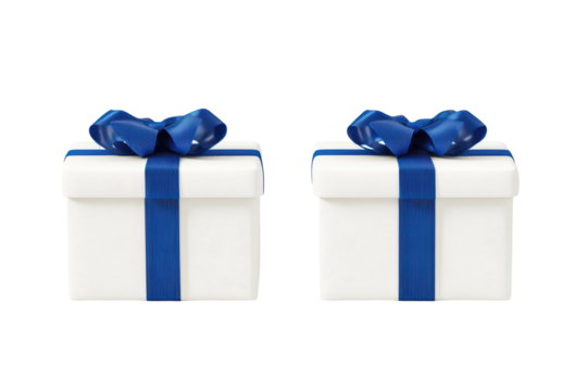 Two white gift boxes with blue ribbons isolated on transparent background. Two white gift box with blue ribbon icon isolated on white background, 3d rendering.