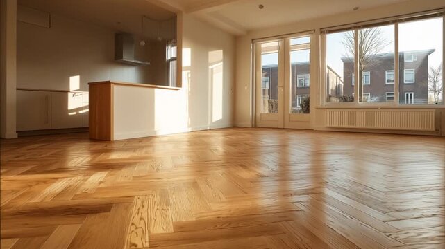 Spacious empty room with wooden flooring and large windows  
