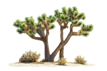 Two intertwined joshua trees with desert plants isolated on transparent background. Joshua trees with green spiky leaves and curved trunks isolated on white background.