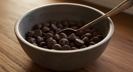 A bowl of chocolate chips with a spoon in it isolated on white background.
