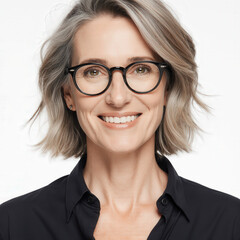 Obraz premium Smiling Woman with Glasses: A close-up portrait of a sophisticated woman, her gray hair perfectly styled, wearing stylish glasses that complement her warm, genuine smile, embodying wisdom, confidence.