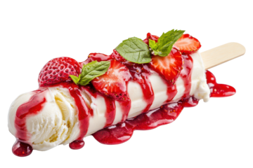 Delicious ice cream bar with strawberries and syrup isolated on transparent background. Vanilla popsicle ice cream with strawberry sauce wooden stick isolated on white background.