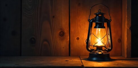 A warm, inviting glow emanates from a classic hanging lantern, casting a soft light against a rustic wooden background Perfect for autumn, Halloween, or cozy home ambiance imagery , metal, lantern