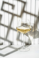 Obraz premium A glass of white wine on the white background with geometric shadow effect, modern composition.
