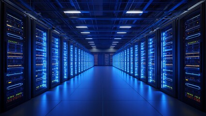 Empty corridor inside a modern computer network server room in a data center with futuristic architecture and lighting