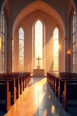 Fototapeta premium A serene and peaceful worship space, filled with soft light and inspiring architecture Perfect for themes of spirituality, faith, and contemplation , interior, reverence, christ