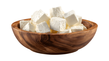 Greek feta cubes in a wooden bowl. Diced soft cheese isolated on a white background