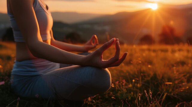 Woman, dressed in sportswear, is meditating outdoors at sunset. She is sitting on grassy field with picturesque mountain range in background. warm hues sunset enhance calming atmosphere.