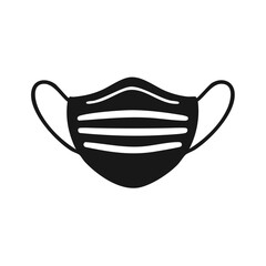 Black surgical mask icon with white lines and ear loops