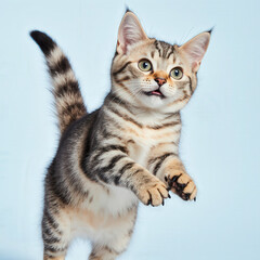 Obraz premium Playful Cat: A delightful snapshot of a young, playful cat mid-leap, captured with expressive eyes and charming fur, showcasing the spirit of youthful energy.
