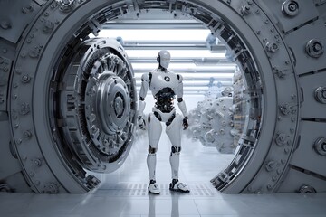 Futuristic humanoid robot standing guard at secure vault door in high-tech laboratory, ready for sci-fi movie concept or advanced technology demonstration