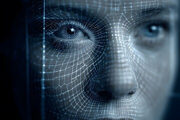 Futuristic human face with glowing grid overlay, representing artificial intelligence, virtual reality, and cutting-edge technology concept