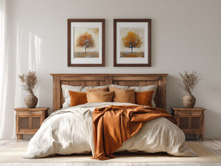 Pair of matching square frames above bed headboard, earthy tones