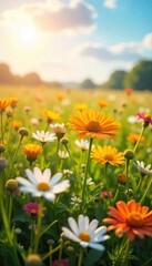 Obraz premium A sun-drenched field of wildflowers swaying gently in the breeze, embodying serenity and joy Perfect for concepts of peace, contentment, and well-being , colorful, relaxation, flora
