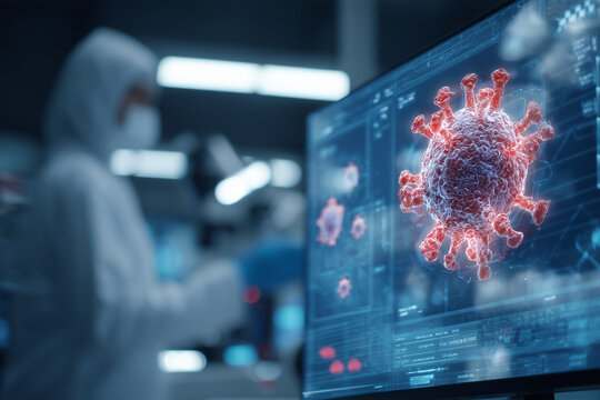 A computer monitor displays a virus with a red and blue color scheme