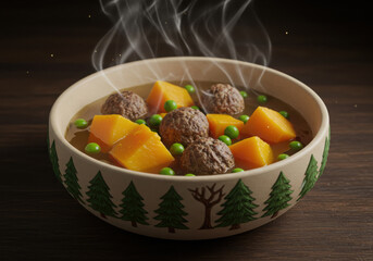 Steaming bowl of hearty stew with meatballs, pumpkin, and peas, a delicious comfort food dish