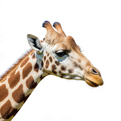 Naklejka premium Gentle Giraffe Portrait: A detailed, realistic portrait of a giraffe, with its distinctive patterned coat, showcases the animal's elegance and charm. The giraffe gazes with gentle eyes.