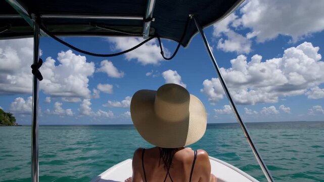 A serene video scene from a low angle, capturing a woman in a sunhat on a boat, gazing at the vast ocean under a bright, cloud-filled sky.